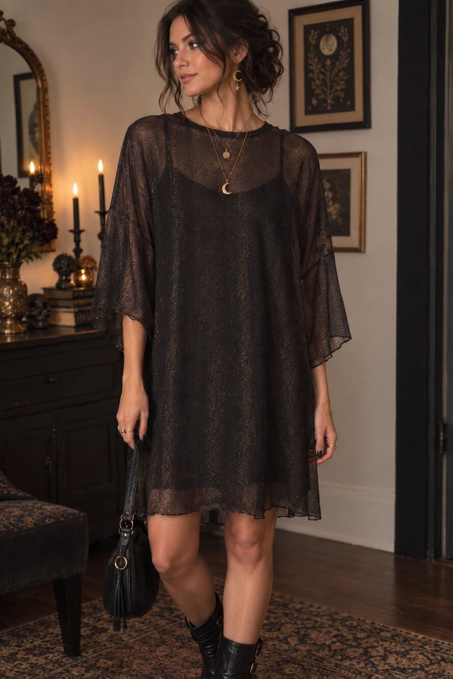 Pull & Bear Black Sheer Metallic Dress Fesitval Whimsey Goth Rock